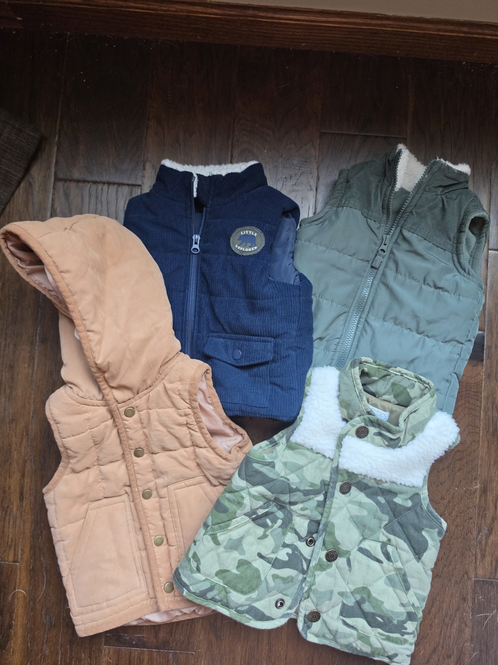 (4) Boys Puffer Vests - Green Camo, Peach, Navy, Olive - SIZE 18 MONTHS